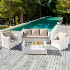 Hot Salotto da giardino in resina intrecciata 5 posti 4 pezzi Calvi Bianco e tortora Salotto Da Giardino