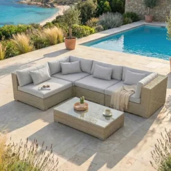 Online Salotto da giardino in resina intrecciata 4 posti 5 pezzi Palma Grigio Salotto Da Giardino