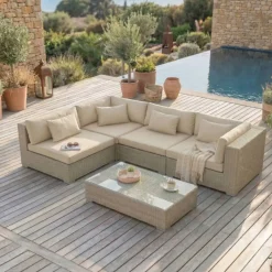 Sale Salotto da giardino in resina intrecciata 4 posti 5 pezzi Palma Grigio e beige Salotto Da Giardino