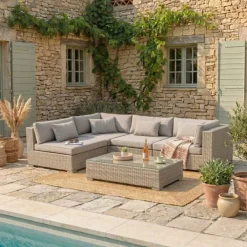 New Salotto da giardino in resina intrecciata 4 posti 5 pezzi Palma Grigio e tortora Salotto Da Giardino