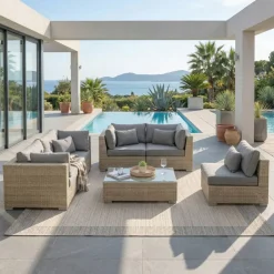Discount Salotto da giardino in resina intrecciata 5 posti 6 pezzi Palma Grigio e antracite Salotto Da Giardino
