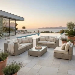 New Salotto da giardino in resina intrecciata 5 posti 6 pezzi Palma Grigio e beige Salotto Da Giardino