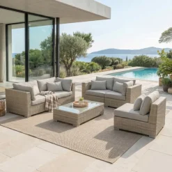 Discount Salotto da giardino in resina intrecciata 5 posti 6 pezzi Palma Grigio e tortora Salotto Da Giardino