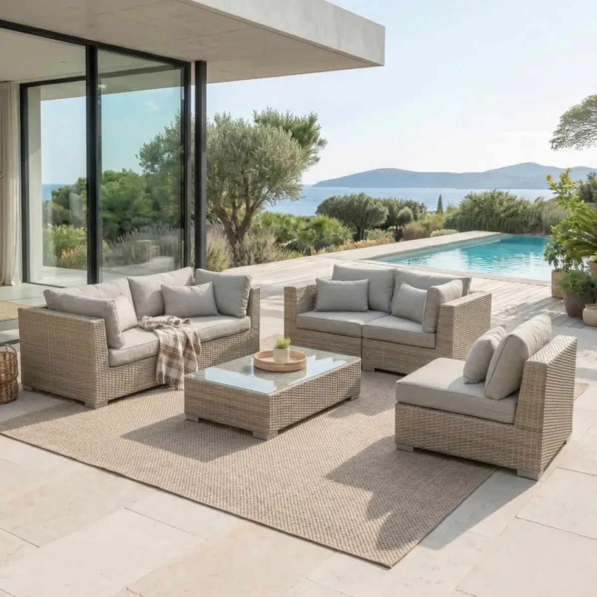 Discount Salotto da giardino in resina intrecciata 5 posti 6 pezzi Palma Grigio e tortora Salotto Da Giardino