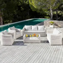 Discount Salotto da giardino in resina intrecciata 5 pezzi Calvi Bianco Salotto Da Giardino