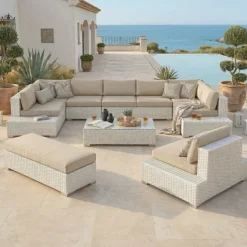 Outlet Salotto da giardino in resina intrecciata 9 pezzi Palma Bianco e beige Salotto Da Giardino