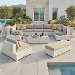 New Salotto da giardino in resina intrecciata 9 pezzi Palma Bianco e tortora Salotto Da Giardino