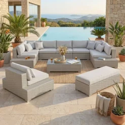 New Salotto da giardino in resina intrecciata 9 pezzi Palma Grigio Salotto Da Giardino
