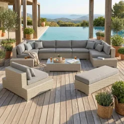 Clearance Salotto da giardino in resina intrecciata 9 pezzi Palma Grigio e antracite Salotto Da Giardino