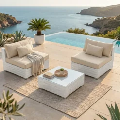 Salotto da giardino in resina intrecciata 2 posti 3 pezzi Palma Bianco e beige Salotto Da Balcone|Salotto Da Giardino