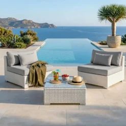 Hot Salotto da giardino in resina intrecciata 2 posti 3 pezzi Palma Bianco e grigio Salotto Da Balcone|Salotto Da Giardino