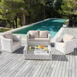 Outlet Salotto da giardino in resina intrecciata 4 posti 4 pezzi Calvi Bianco e tortora Salotto Da Giardino