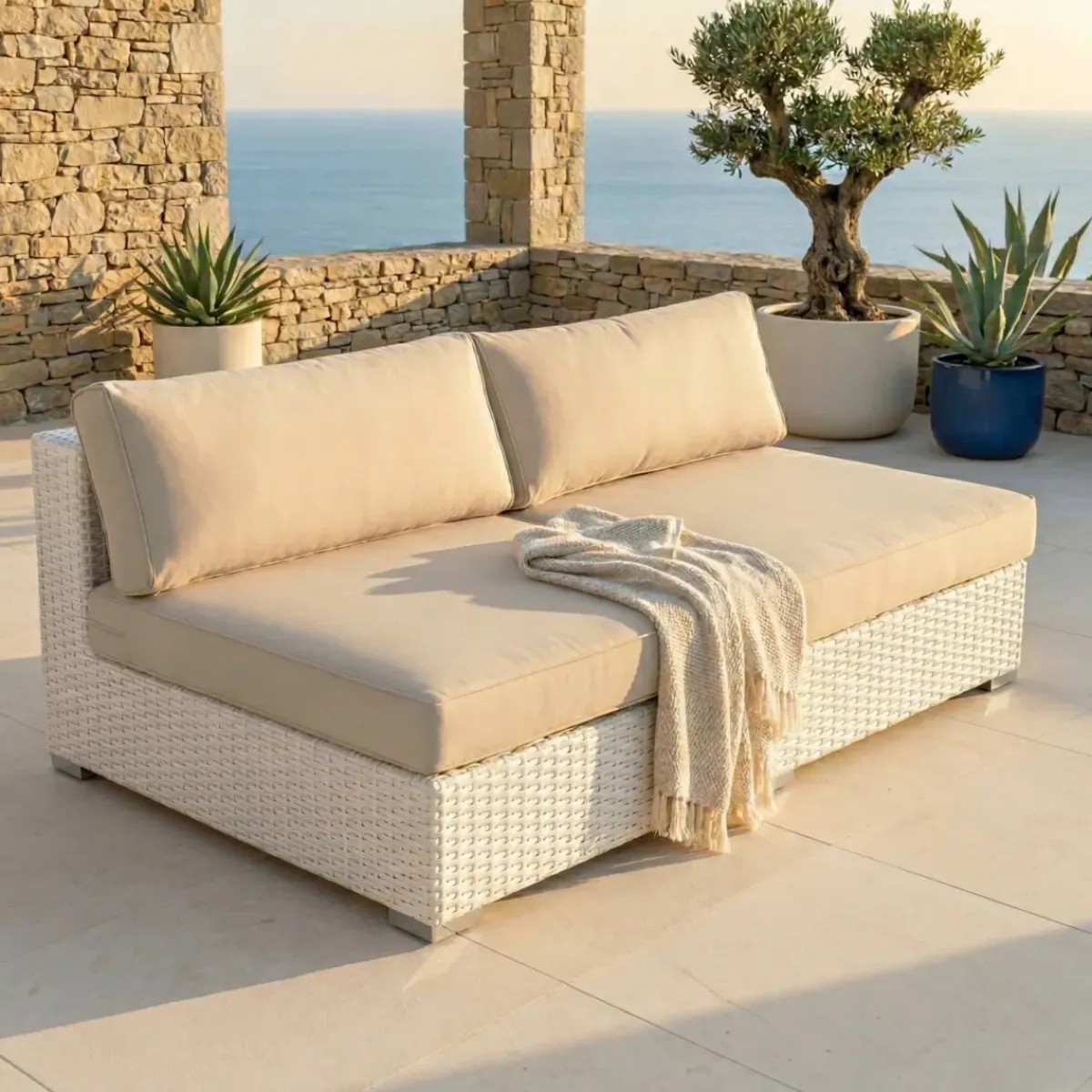 Salotto da giardino in resina intrecciata 4 posti 4 pezzi Palma Bianco e beige Salotto Da Giardino
