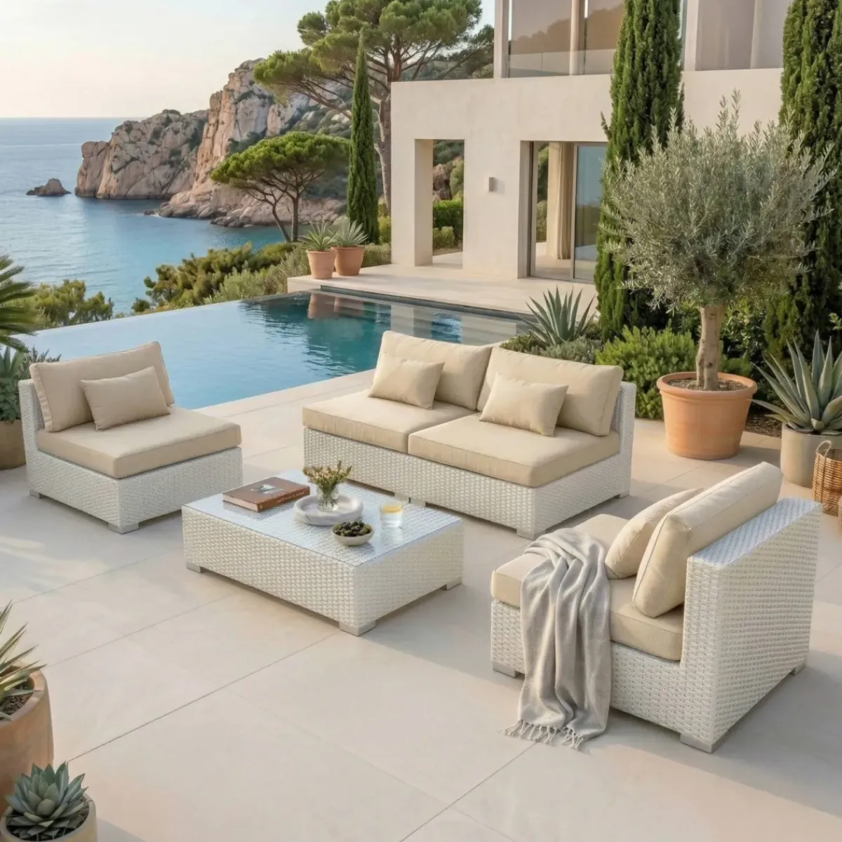 Salotto da giardino in resina intrecciata 4 posti 4 pezzi Palma Bianco e beige Salotto Da Giardino
