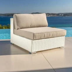 Outlet Salotto da giardino in resina intrecciata 4 posti 4 pezzi Palma Bianco e tortora Salotto Da Giardino