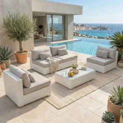 Outlet Salotto da giardino in resina intrecciata 4 posti 4 pezzi Palma Bianco e tortora Salotto Da Giardino