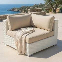 Salotto da giardino in resina intrecciata 4 posti 5 pezzi Palma Bianco e beige Salotto Da Giardino