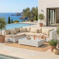 Salotto da giardino in resina intrecciata 4 posti 5 pezzi Palma Bianco e beige Salotto Da Giardino