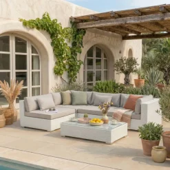 Hot Salotto da giardino in resina intrecciata 4 posti 5 pezzi Palma Bianco e tortora Salotto Da Giardino