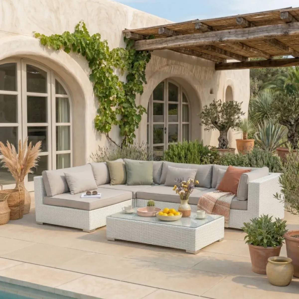 Hot Salotto da giardino in resina intrecciata 4 posti 5 pezzi Palma Bianco e tortora Salotto Da Giardino