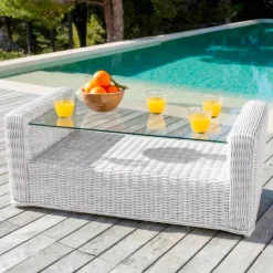 Sale Salotto da giardino in resina intrecciata 4 posti 4 pezzi Calvi Bianco e grigio chiaro Salotto Da Giardino
