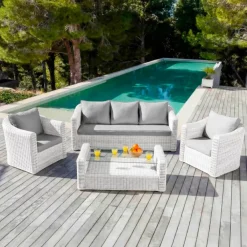 Clearance Salotto da giardino in resina intrecciata 5 posti 4 pezzi Calvi Bianco e grigio chiaro Salotto Da Giardino