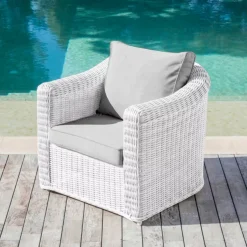 Clearance Salotto da giardino in resina intrecciata 5 posti 4 pezzi Calvi Bianco e grigio chiaro Salotto Da Giardino
