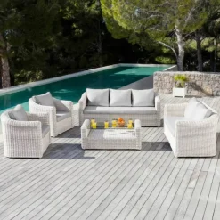Sale Salotto da giardino in resina intrecciata 5 pezzi Calvi Bianco e grigio chiaro Salotto Da Giardino