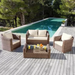 Sale Salotto da giardino in resina intrecciata 4 posti 4 pezzi Calvi Seppia e beige Salotto Da Giardino