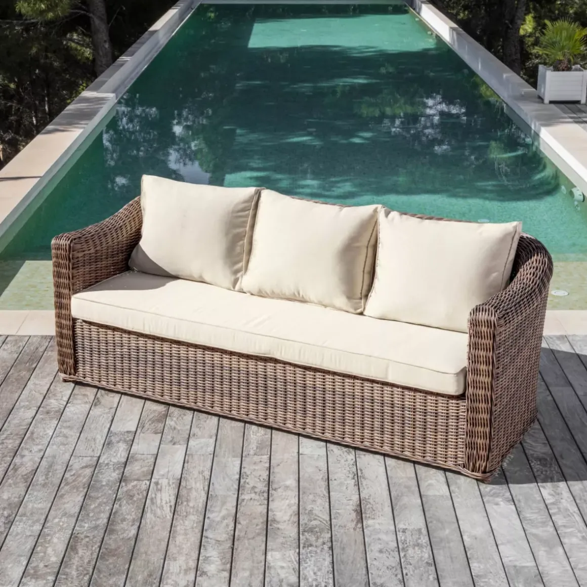 Salotto da giardino in resina intrecciata 5 posti 4 pezzi Calvi Seppia e beige