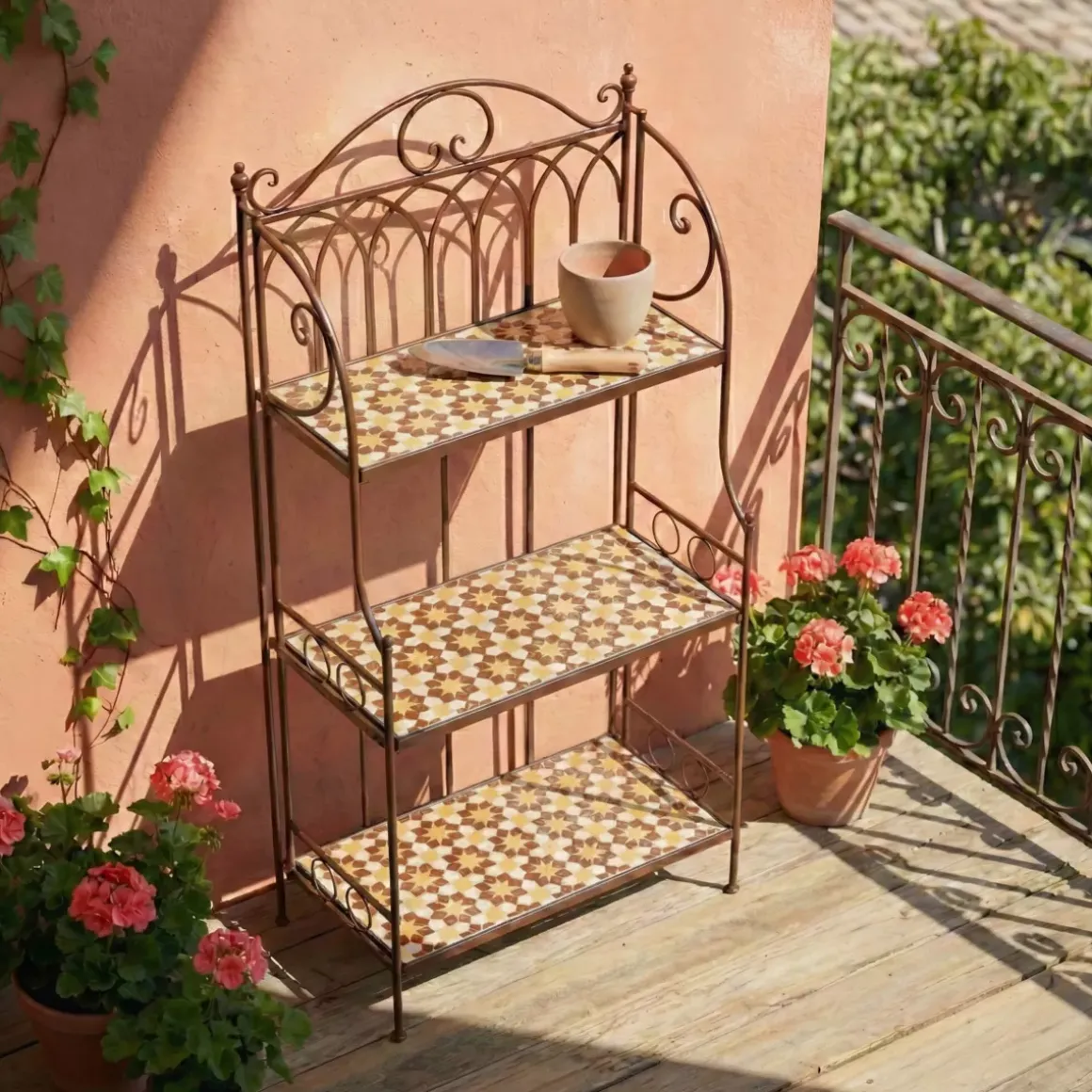 Scaffale da esterno pieghevole in mosaico (H118 cm) Madrid Marrone