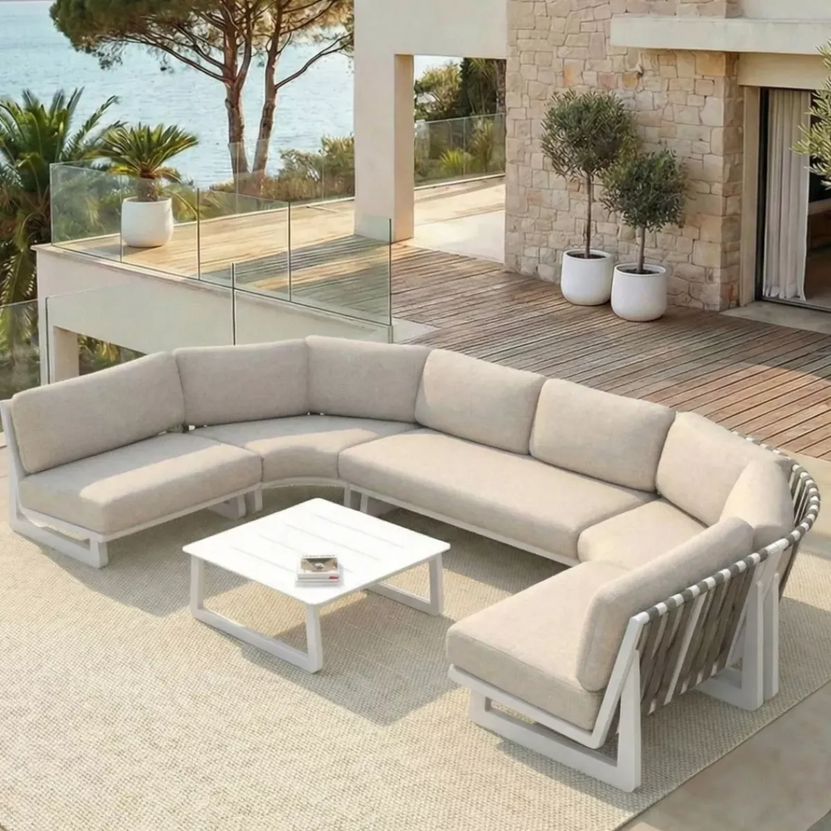 New Set angolare da giardino in alluminio 6 posti Long Beach Bianco cenere e beige Salotto Da Giardino