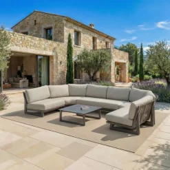 New Set angolare da giardino in alluminio 6 posti Long Beach Grigio antracite e tortora Salotto Da Giardino