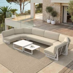 Online Set angolare da giardino in alluminio 7 pezzi Long Beach Bianco cenere e beige Salotto Da Giardino