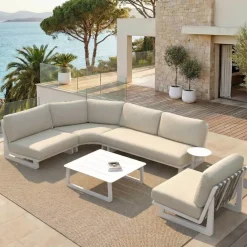 Outlet Set angolare da giardino in alluminio 5 pezzi Long Beach Bianco cenere e beige Salotto Da Giardino