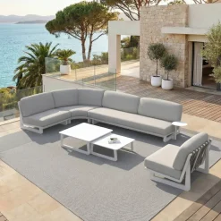 Clearance Set angolare da giardino in alluminio 6 posti 6 pezzi Long Beach Bianco cenere e grigio chiaro Salotto Da Giardino