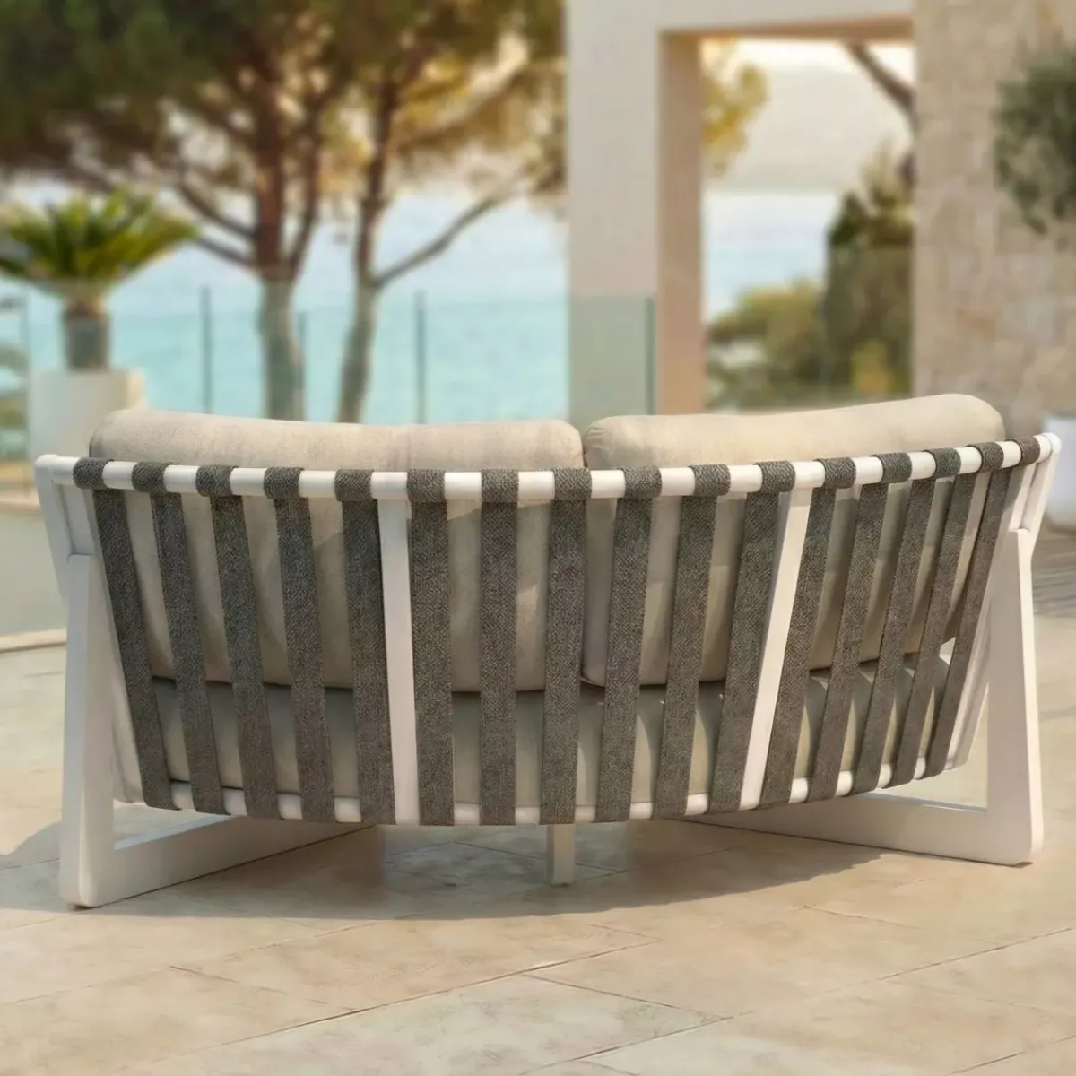 Discount Set angolare in alluminio per giardino 6 posti 6 pezzi Long Beach Bianco cenere e beige Salotto Da Giardino