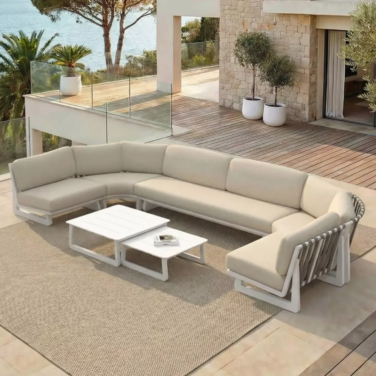 Clearance Set angolare in alluminio 7 pezzi Long Beach Bianco cenere e tortora Salotto Da Giardino
