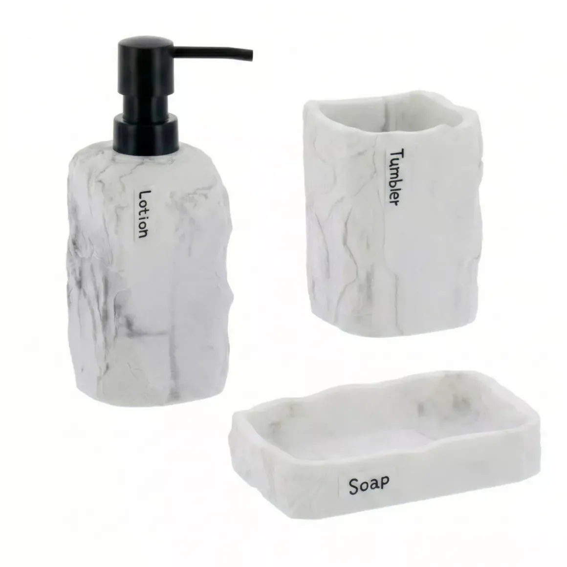 Set bicchiere, portasapone e distributore di sapone in poliresina effetto marmo Paola Grigio
