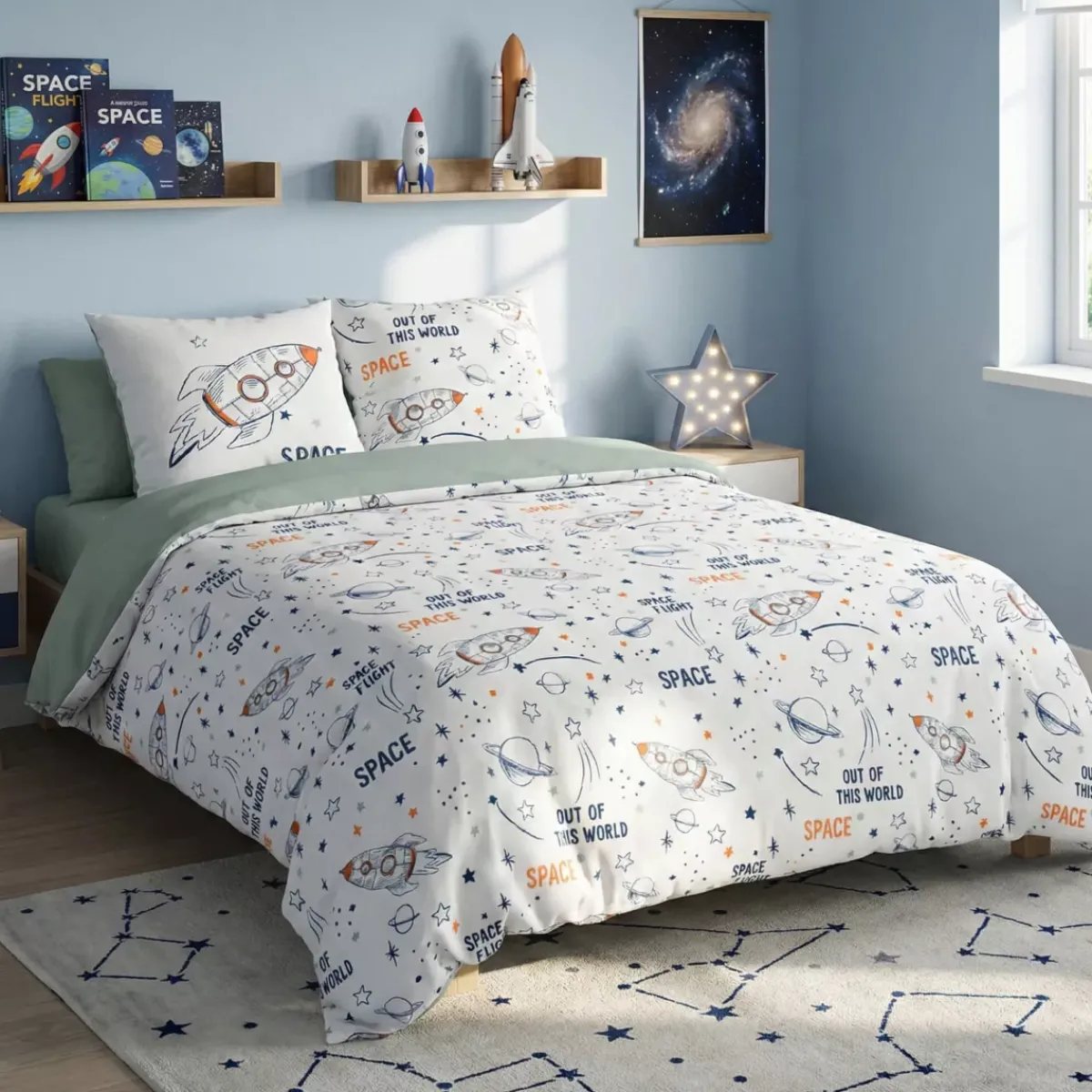 Outlet Set copripiumino e due federe per bambini in cotone (200 x 200 cm) Galassia Bianca Biancheria Da Letto Bambini