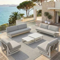 Set da giardino in alluminio 6 pezzi Long Beach Bianco cenere e grigio chiaro Salotto Da Giardino