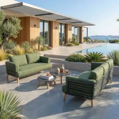 Sale Set da giardino in alluminio 5 posti 4 pezzi Monte Carlo Grigio antracite e verde rosmarino Salotto Da Giardino