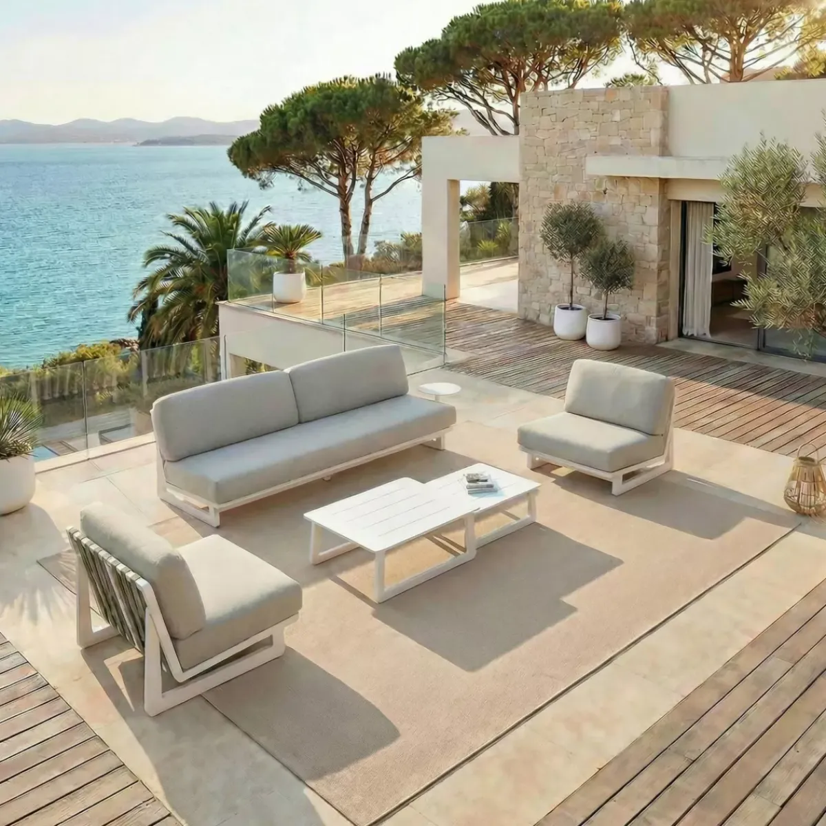 Discount Set da giardino in alluminio 5 posti 5 pezzi Long Beach Bianco cenere e tortora Salotto Da Giardino