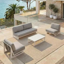 New Set da giardino in alluminio 4 posti 4 pezzi Long Beach Bianco cenere e tortora Salotto Da Giardino