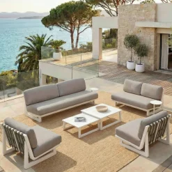 Hot Set da giardino in alluminio 7 posti 6 pezzi Long Beach Bianco cenere e beige Salotto Da Giardino