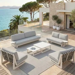 Best Set da giardino in alluminio 7 posti 6 pezzi Long Beach Bianco cenere e grigio chiaro Salotto Da Giardino