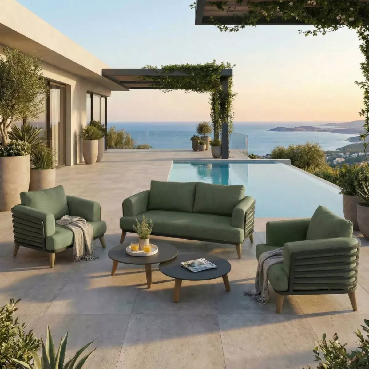 Discount Set da giardino in alluminio 4 posti 5 pezzi Monte Carlo Grigio antracite e verde rosmarino Salotto Da Giardino