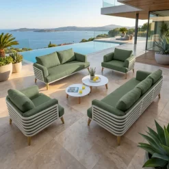 Set da giardino in alluminio 7 posti 6 pezzi Monte Carlo Bianco e verde rosmarino Salotto Da Giardino