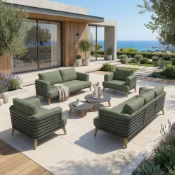 Clearance Set da giardino in alluminio 7 posti 6 pezzi Monte Carlo Grigio antracite e verde rosmarino Salotto Da Giardino