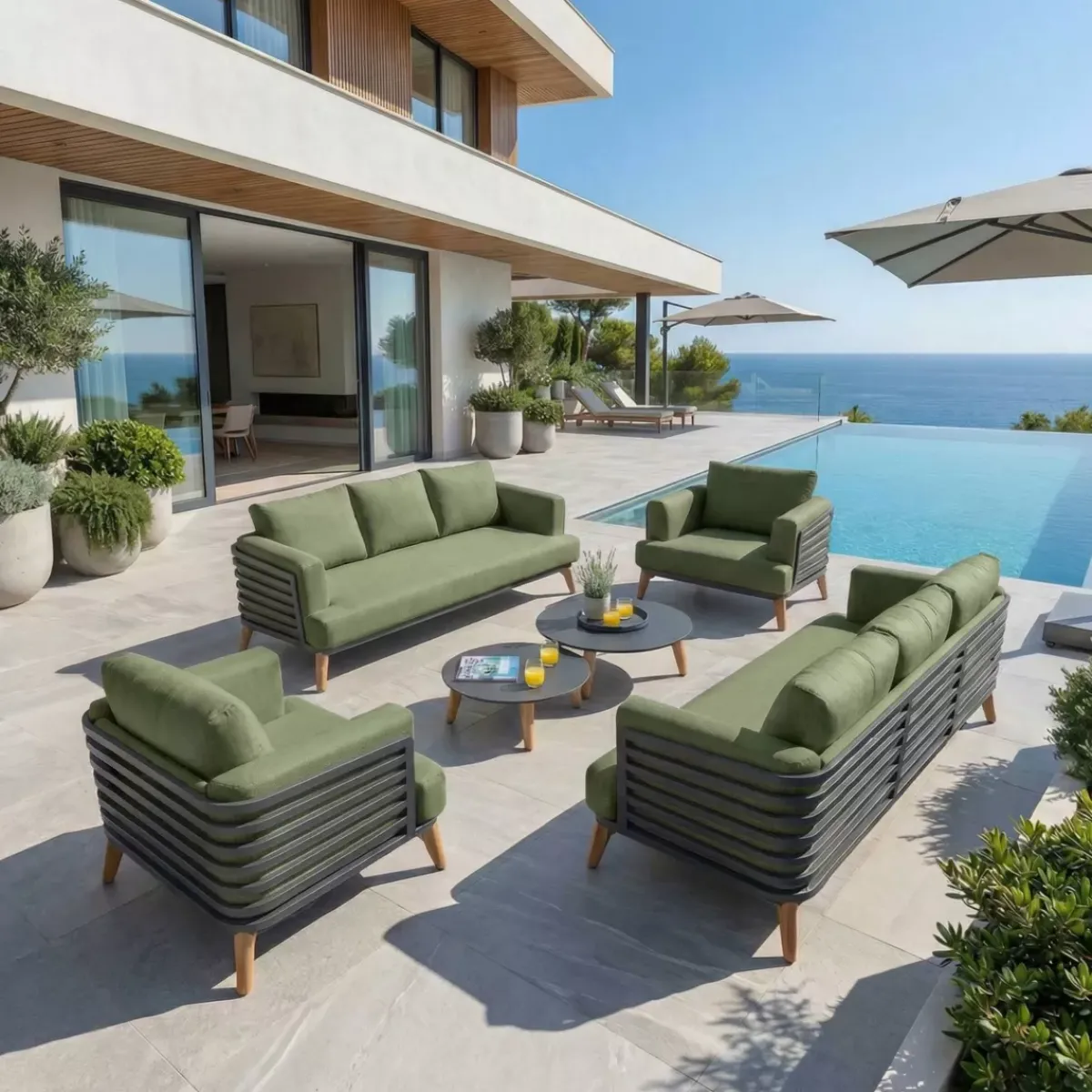 Set da giardino in alluminio 8 posti 6 pezzi Monte Carlo Grigio antracite e verde rosmarino Salotto Da Giardino